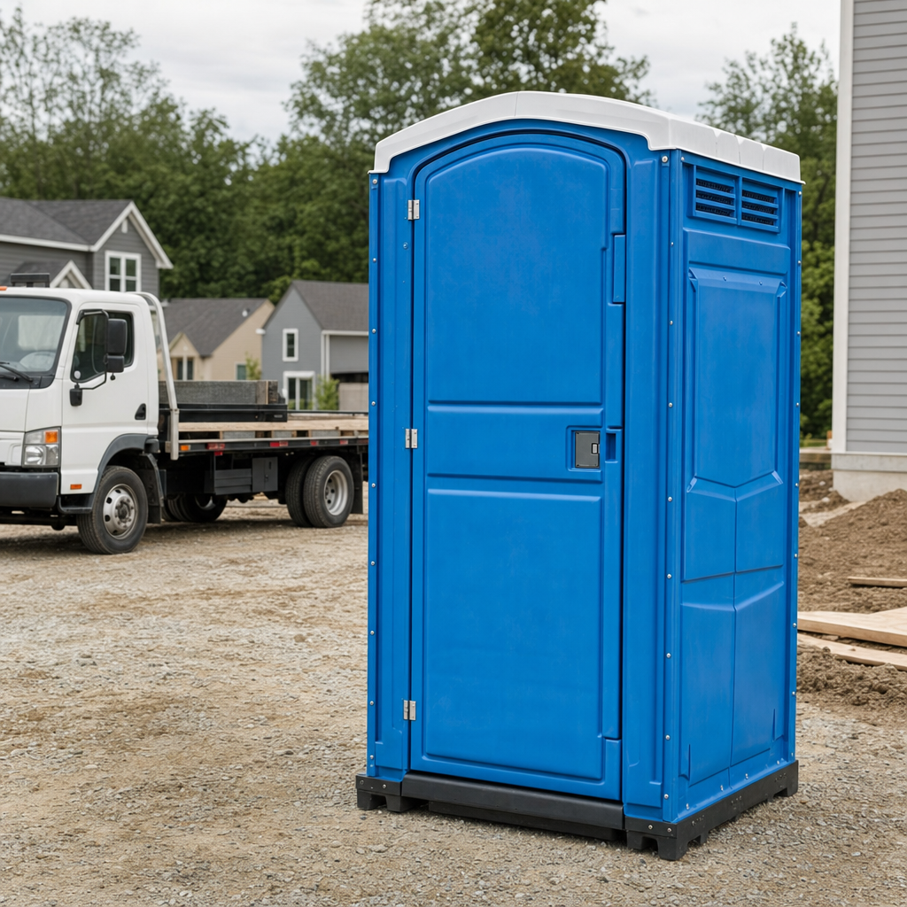 Delivery driver positioning a clean royal-blue portable toilet on level ground at a Germantown worksite