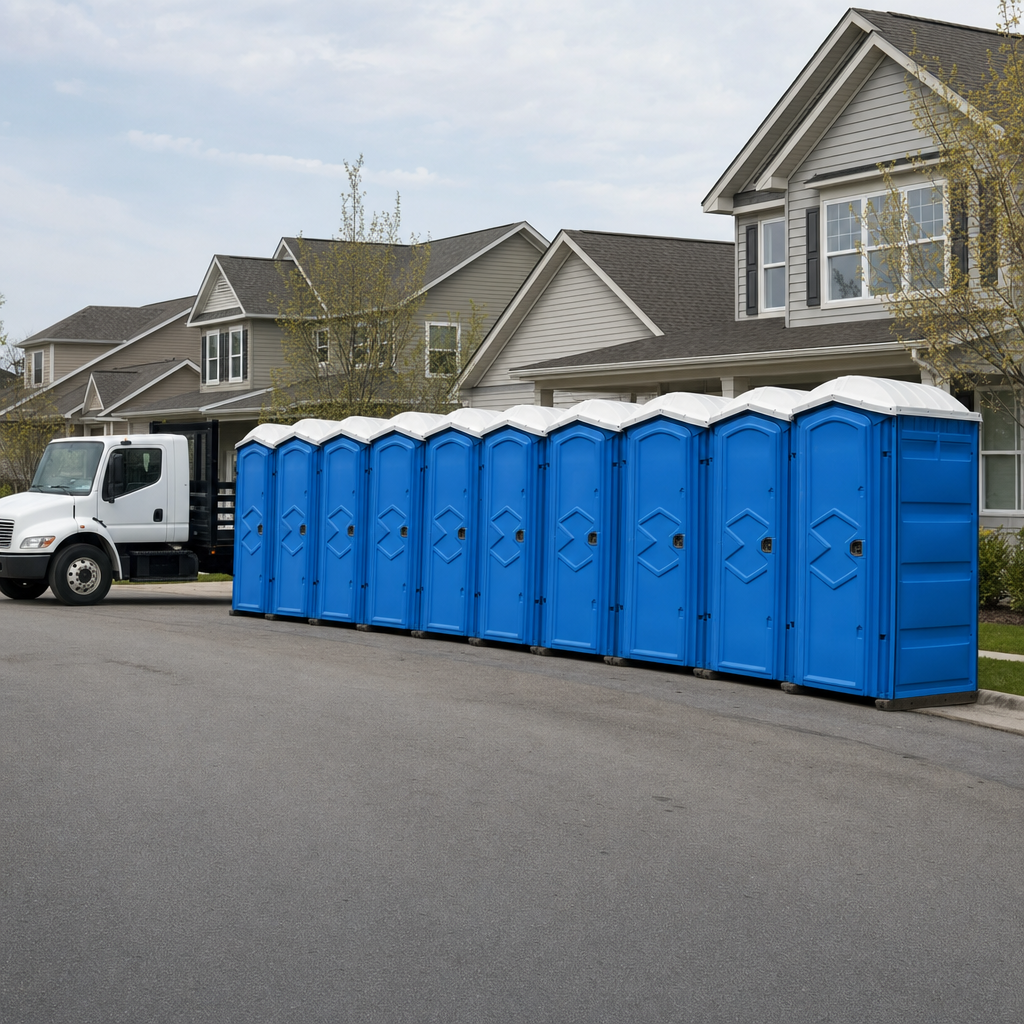 Royal blue portable toilets staged in a tidy row at a Germantown jobsite, ready for delivery